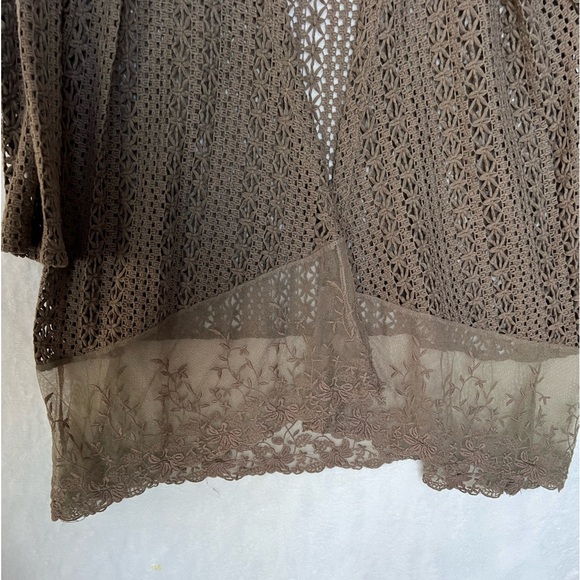 Studio Gem Q Open Front Crochet Sweater Embroidered Lace Trim Khaki Brown Large - Picture 4 of 7